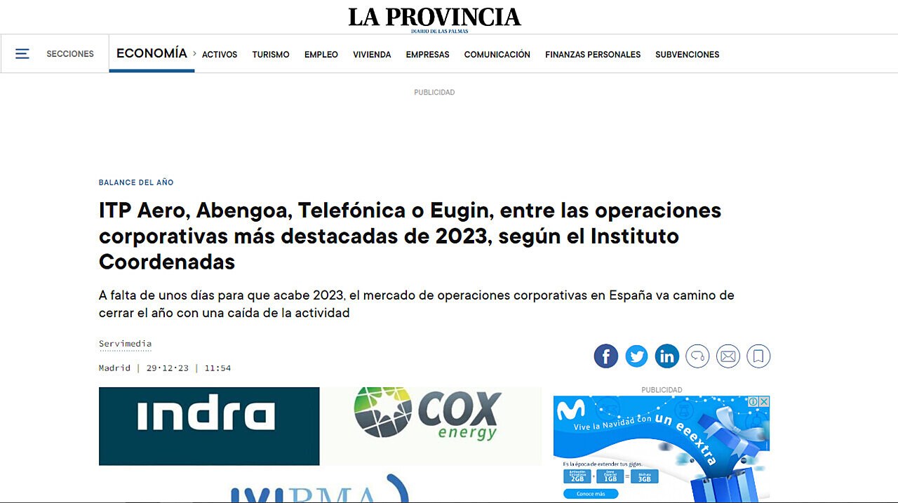 ITP Aero, Abengoa, Telefnica o Eugin, entre las operaciones corporativas ms destacadas de 2023, segn el Instituto Coordenadas